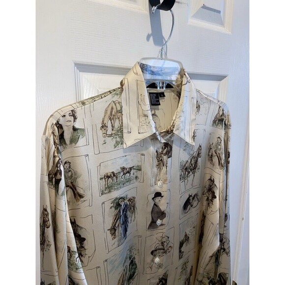 Vintage Ishyu Shirt Womens 12 Cream Silk Equestrian Horse Print Button Front 90s - Picture 4 of 15